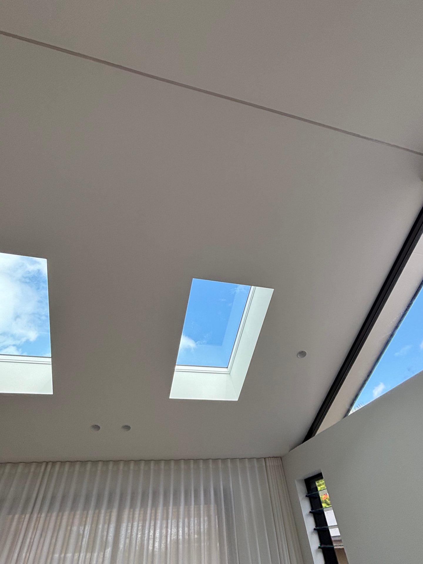 Raking ceiling with square skylights above a light-filled living space