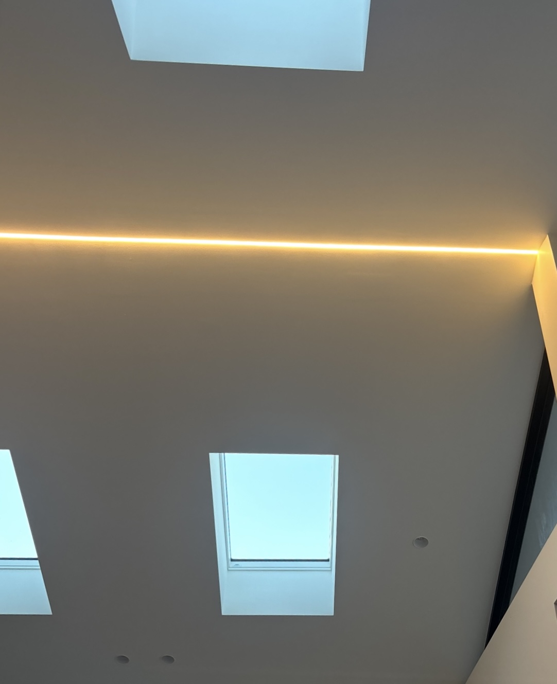 Andrew Place raked ceiling with skylights and a warm LED light line